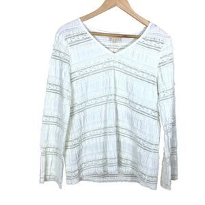 By Timo Romantic White Lace V-Neck Long Sleeve Blouse Size Medium